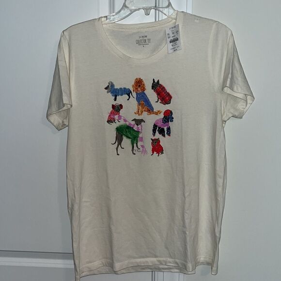 NWT J. Crew White winter Dogs w/coats hats ear muffs scarfs Graphic Tee shirt L - Picture 1 of 7